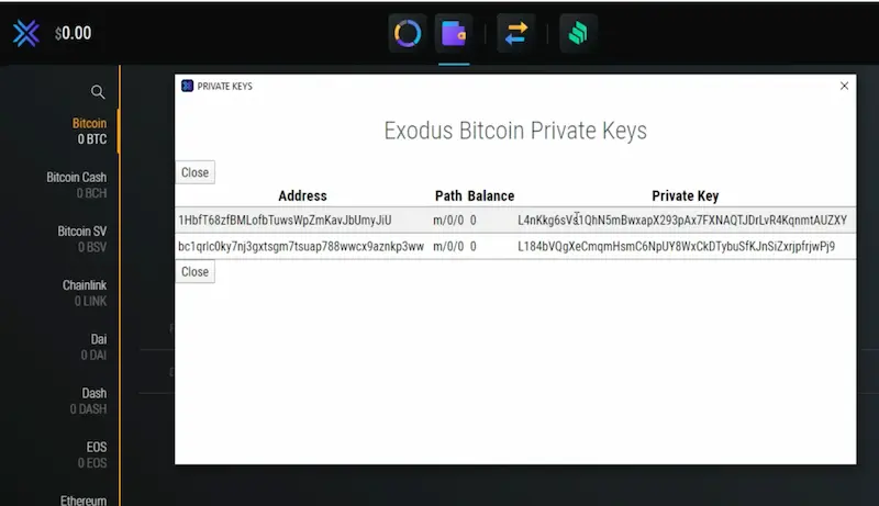 private keys exodus