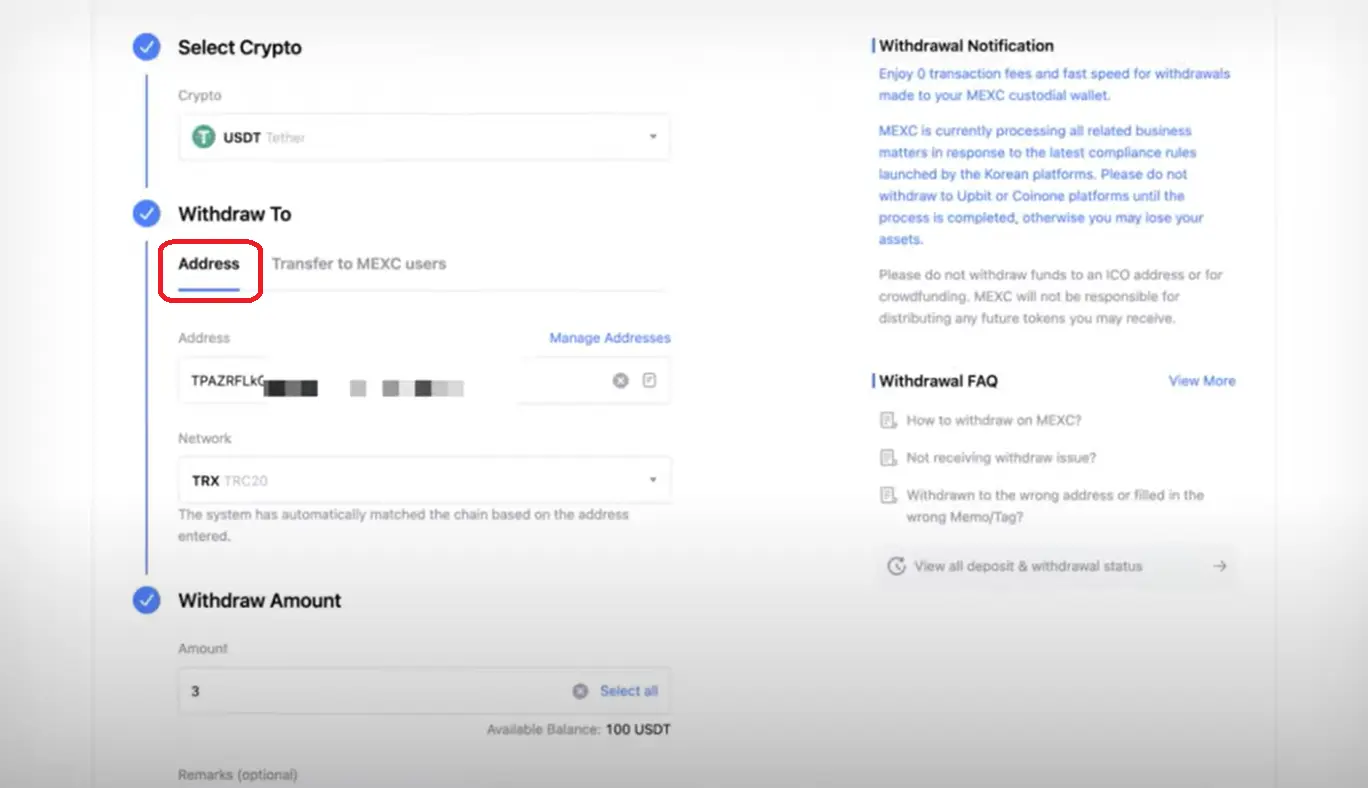 MEXC address transfer