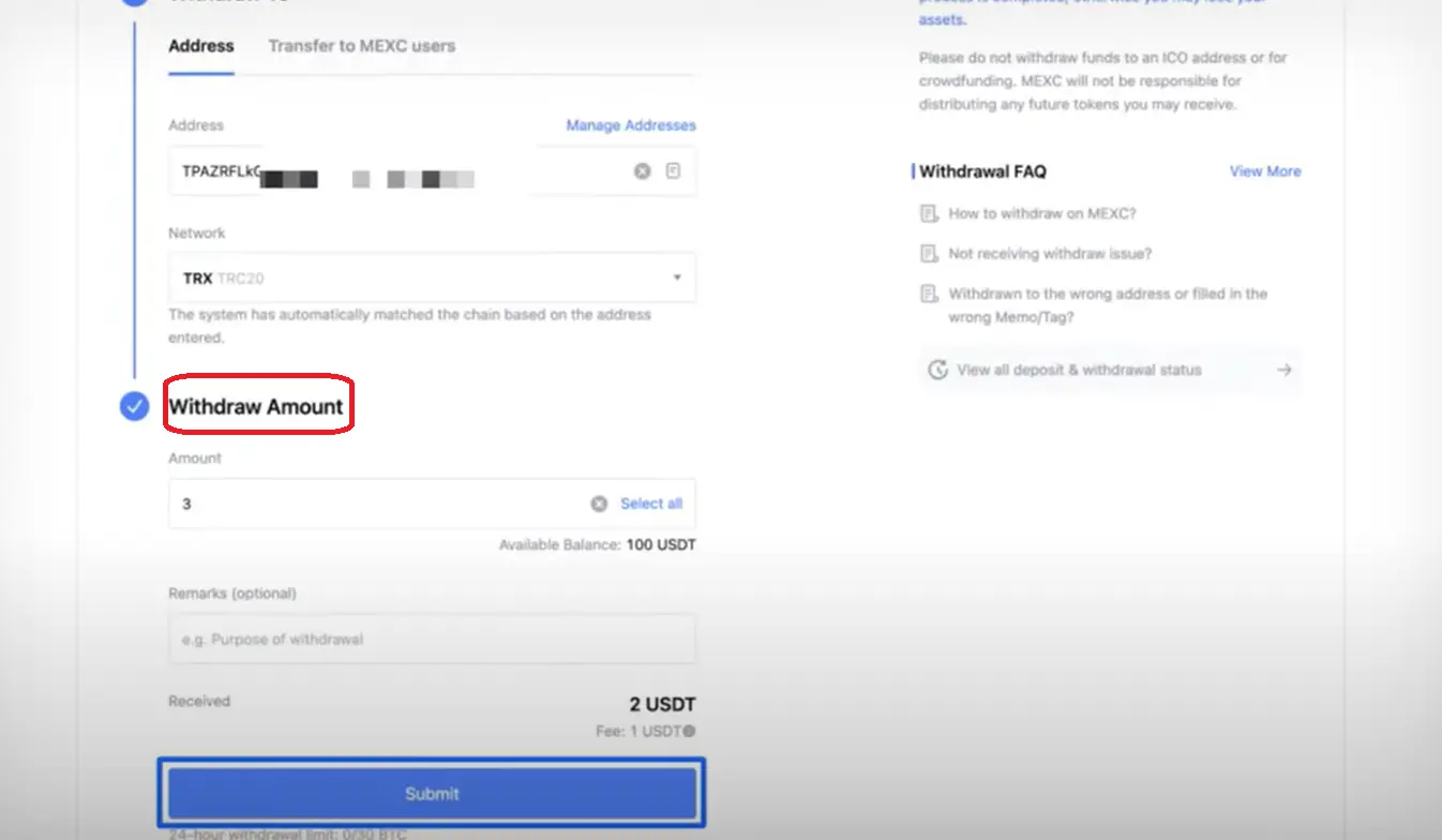 MEXC amount transfer