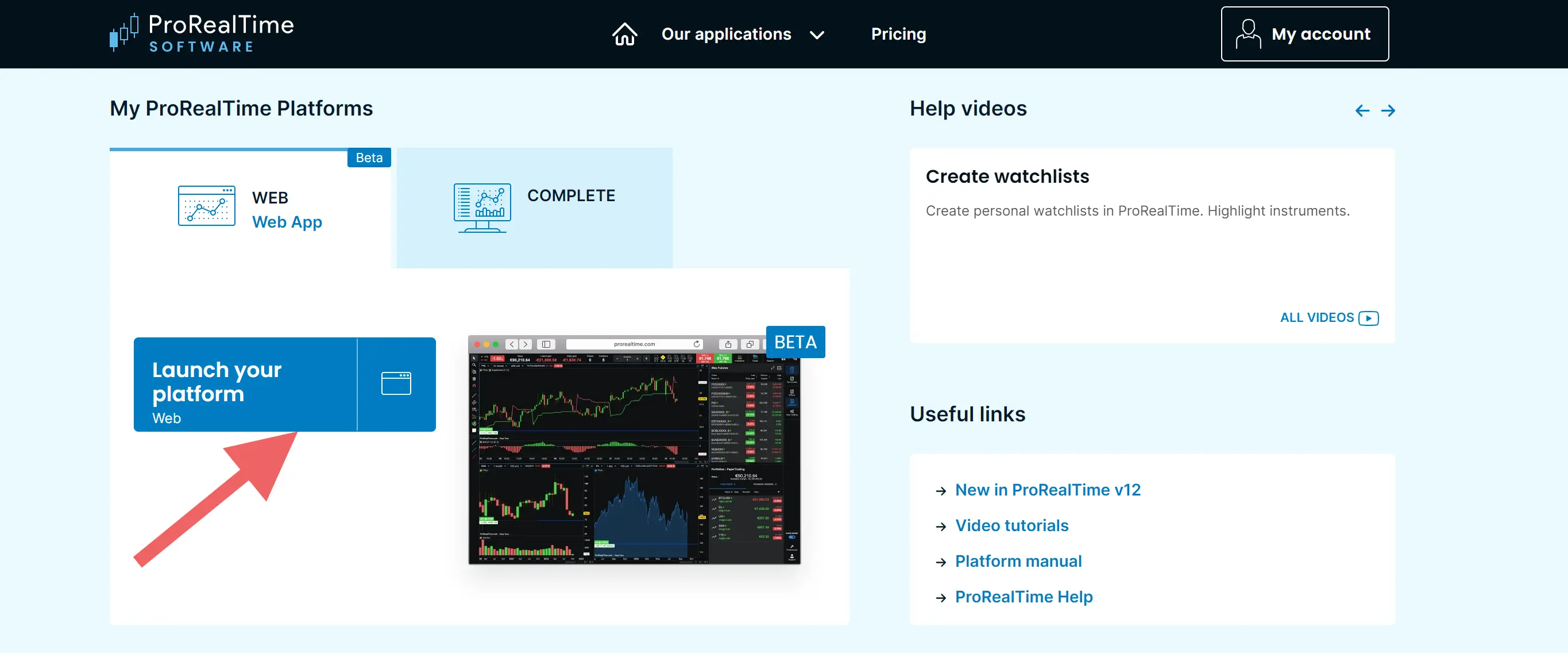 ProRealTime launch interface